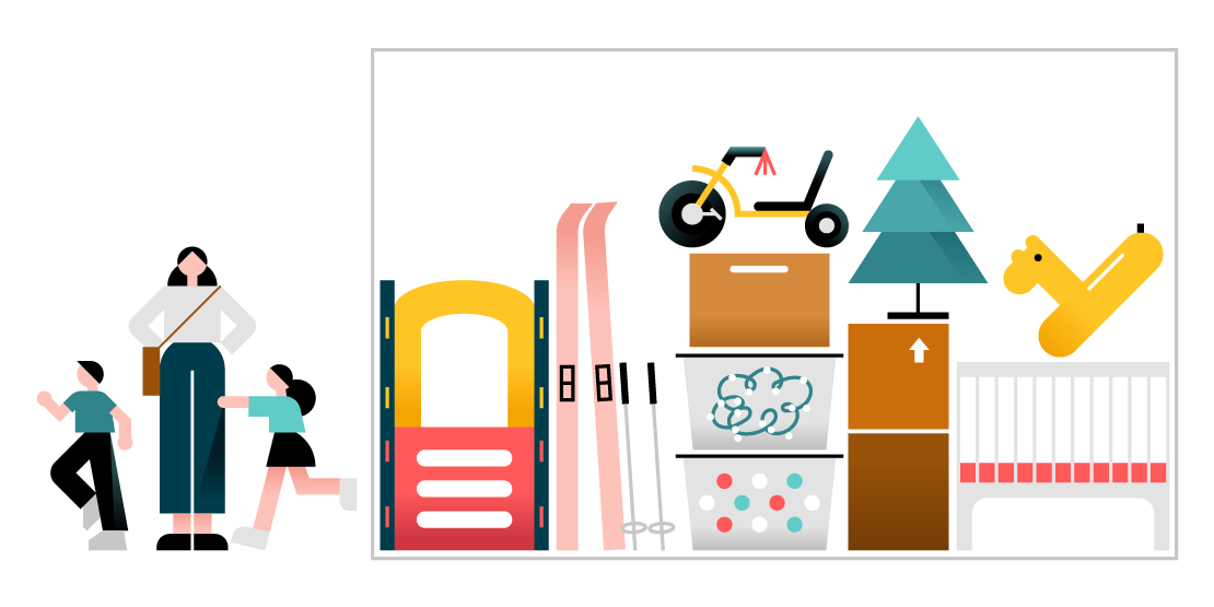 Items typical in a medium storage unit Typical items in a medium storage unit, including skis, storage totes, a Christmas tree and toys