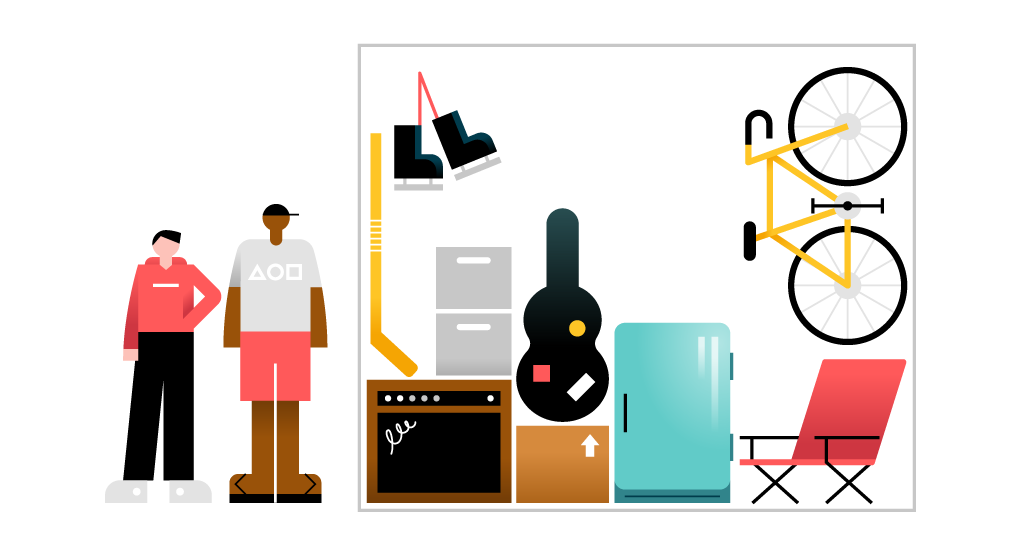 Items that can be stored in a small storage unit Typical items in a small storage unit, including files, skates, a guitar, and a bike